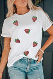 White Sequin Strawberry Patched Crew Neck T Shirt Aaria Tees
