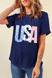 Blue USA Graphic July 4th Crew Neck T Shirt Aaria Tees