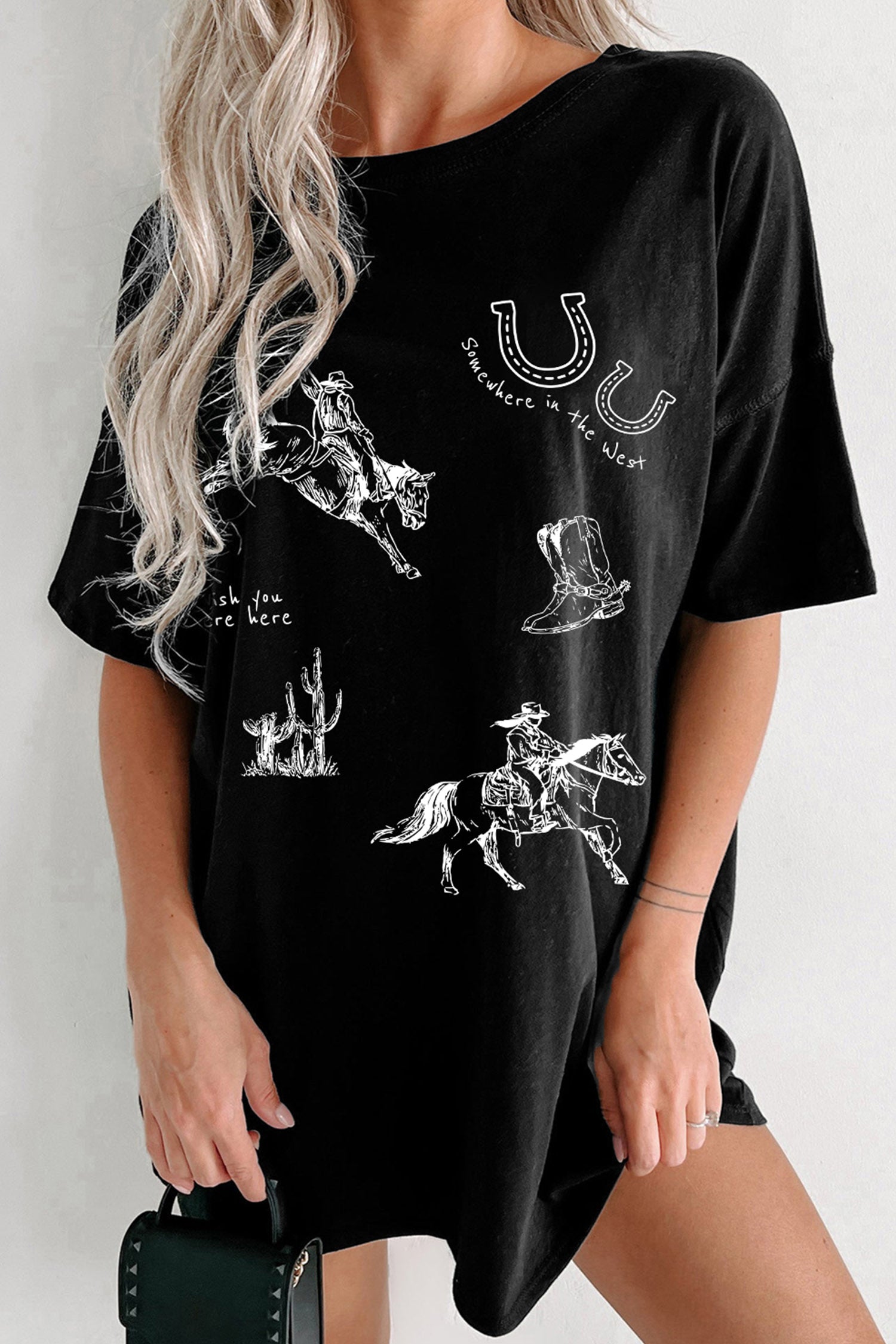 Black Western Cowboy Print Oversized Tunic Tee - Aaria Tees Aaria Tees