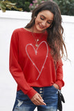 Fiery Red Rhinestone Heart Shaped Long Sleeve Sweatshirt Aaria Tees