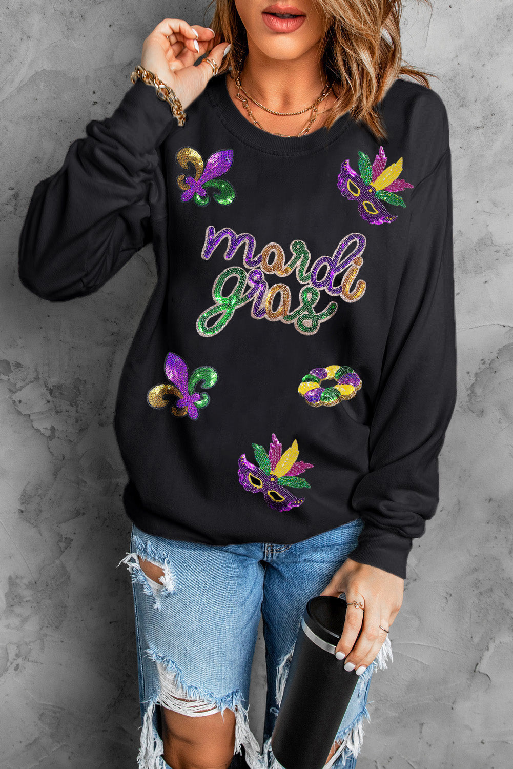 Black Sequin mardi gras Fleur de Lis Graphic Pullover Sweatshirt - Aaria Tees Aaria Tees
