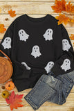 Black Glitter Ghost Pattern Crew Neck Halloween Sweatshirt Aaria Tees