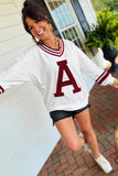 Red Dahlia Chenille Letter A Graphic Varsity Striped V Neck Puff Sleeve Sweatshirt Aaria Tees