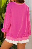 Strawberry Pink Twisted Ribbed Texture Merry Christmas Sequin Letter Graphic Top Aaria Tees
