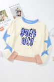 Beige Game Day Graphic Starry Patched Sleeve Contrast Trim Casual Sweatshirt Aaria Tees