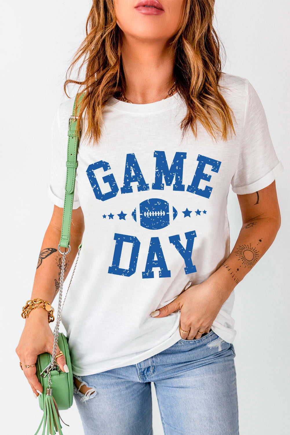 White GAME DAY Rugby Football Graphic Crewneck T Shirt - Aaria Tees Aaria Tees