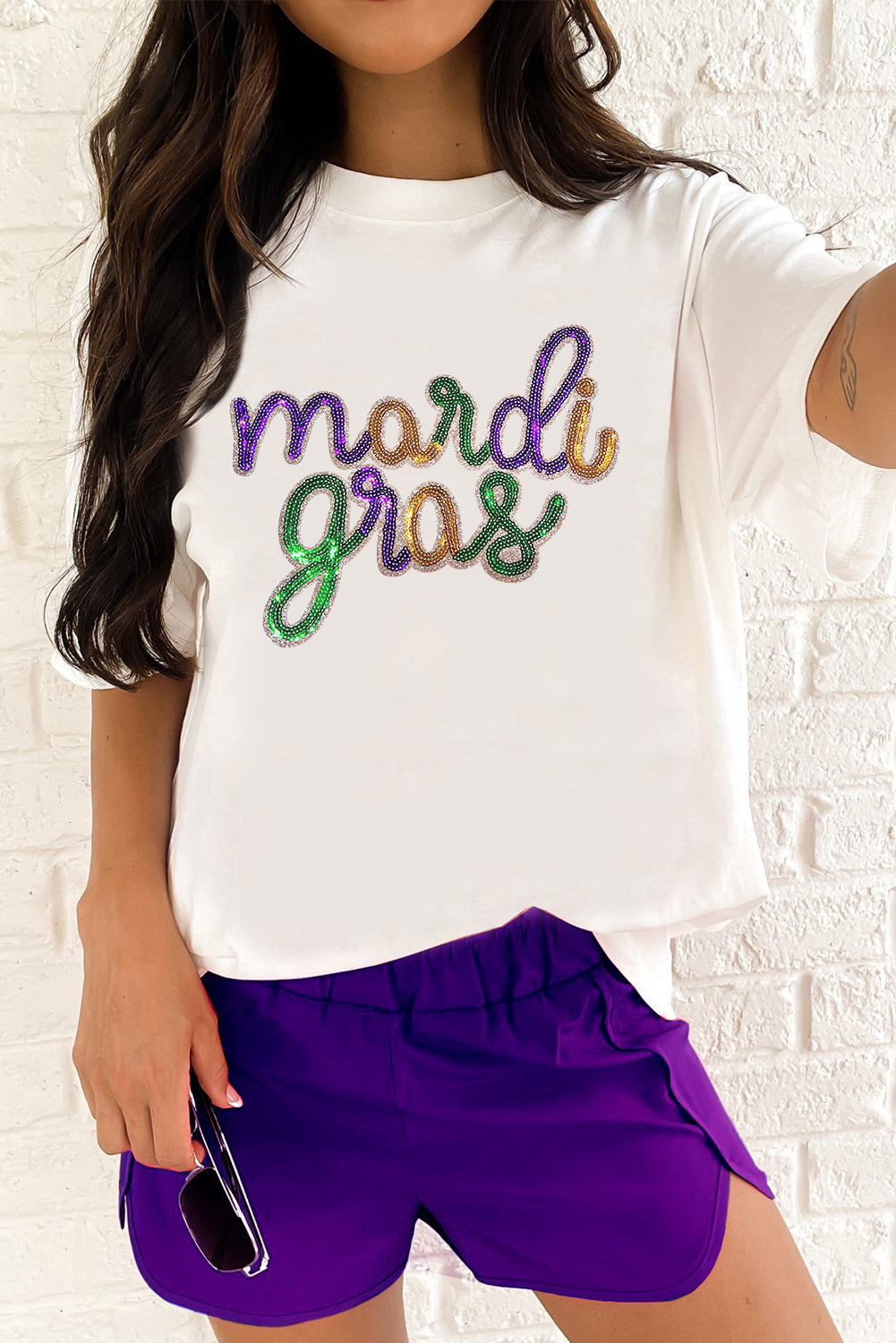 White Sequin mardi gras Graphic T Shirt - Aaria Tees Aaria Tees