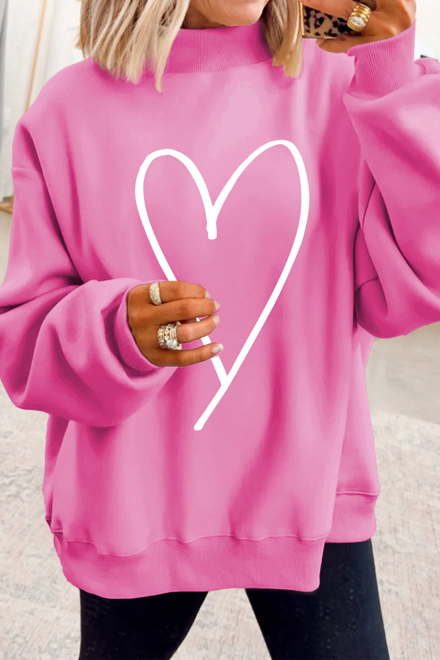 Bright Pink LOVER Heart Script Reversible Print Mock Neck Sweatshirt - Aaria Tees Aaria Tees
