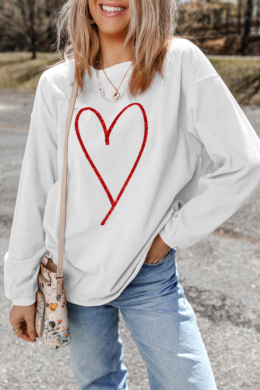 White Glittering Heart Printed Corded Valentines Pullover Sweatshirt - Aaria Tees Aaria Tees