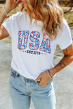 White USA Floral Print EST 1776 Patriotic Graphic Tee Aaria Tees