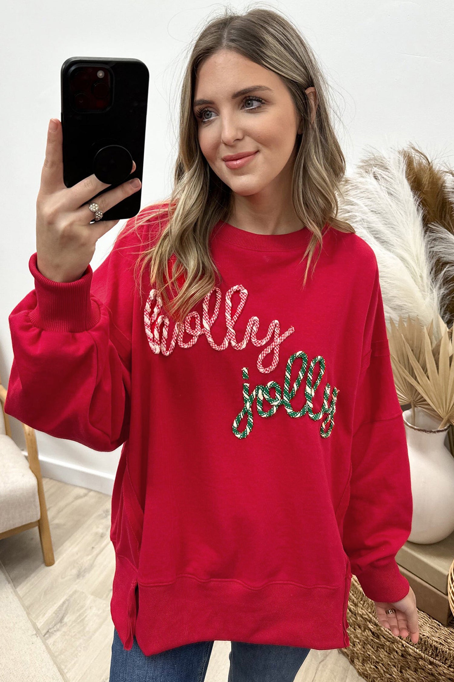 Racing Red Holly Jolly Embroidered Graphic Baggy Sweatshirt - Aaria Tees Aaria Tees