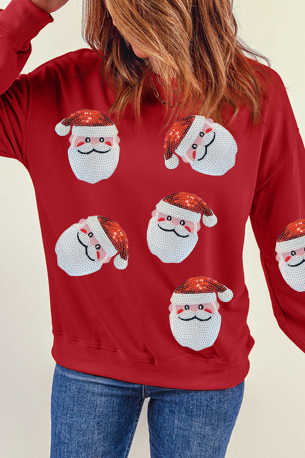Fiery Red Santa Claus Sequin Graphic Sweatshirt - Aaria Tees Aaria Tees