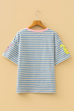 Sky Blue Stripe Sequin Easter Bunny Patched Drop Shoulder Tee Aaria Tees