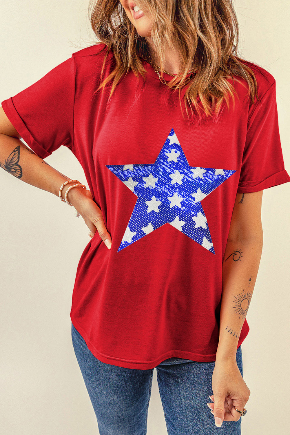 Red Sequin Star Graphic Crewneck T Shirt - Aaria Tees Aaria Tees