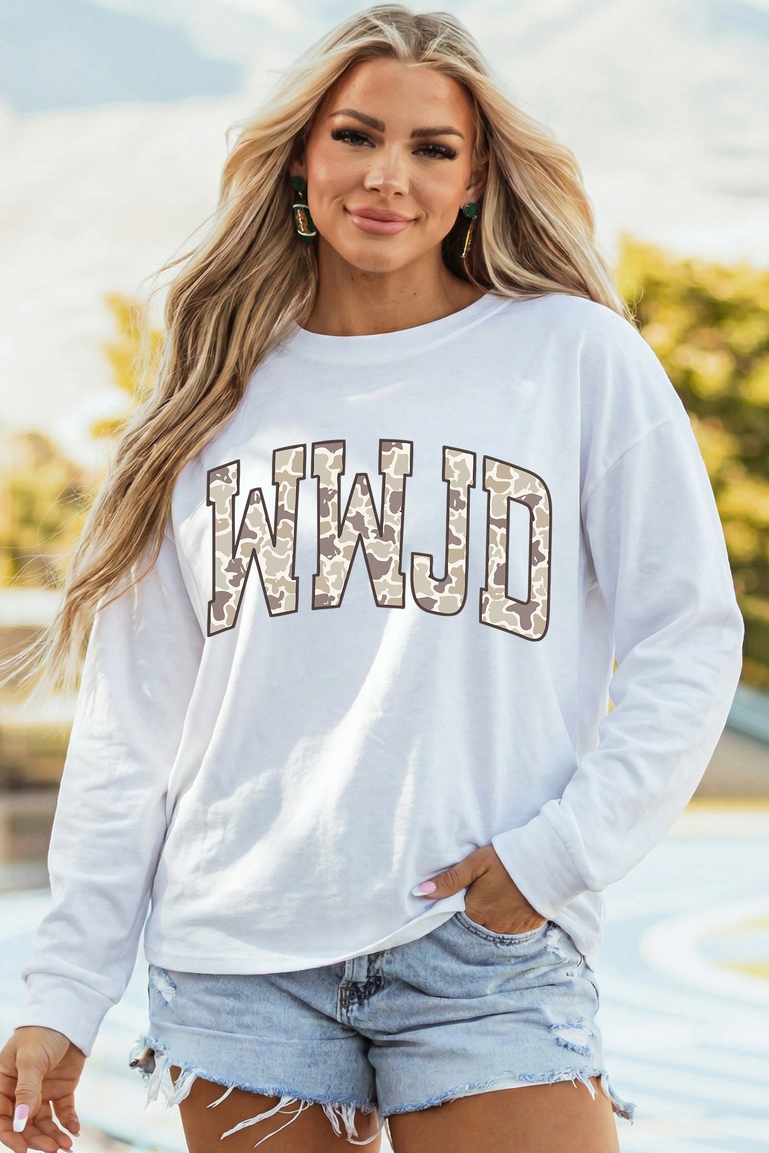 White WWJD Camo Letter Printed Long Sleeve Top - Aaria Tees Aaria Tees