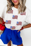 White Sequin American Flag Patched Casual T Shirt Aaria Tees