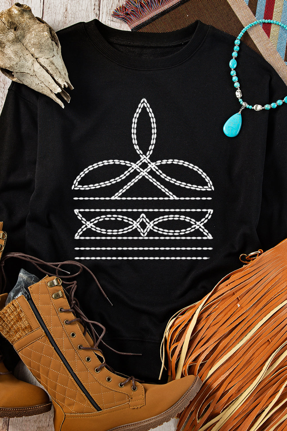 Black Western Pattern Print Round Neck Pullover Sweatshirt - Aaria Tees Aaria Tees