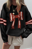 Black Varsity Baseball Bow Graphic Striped Sleeve Baggy Sweatshirt Aaria Tees