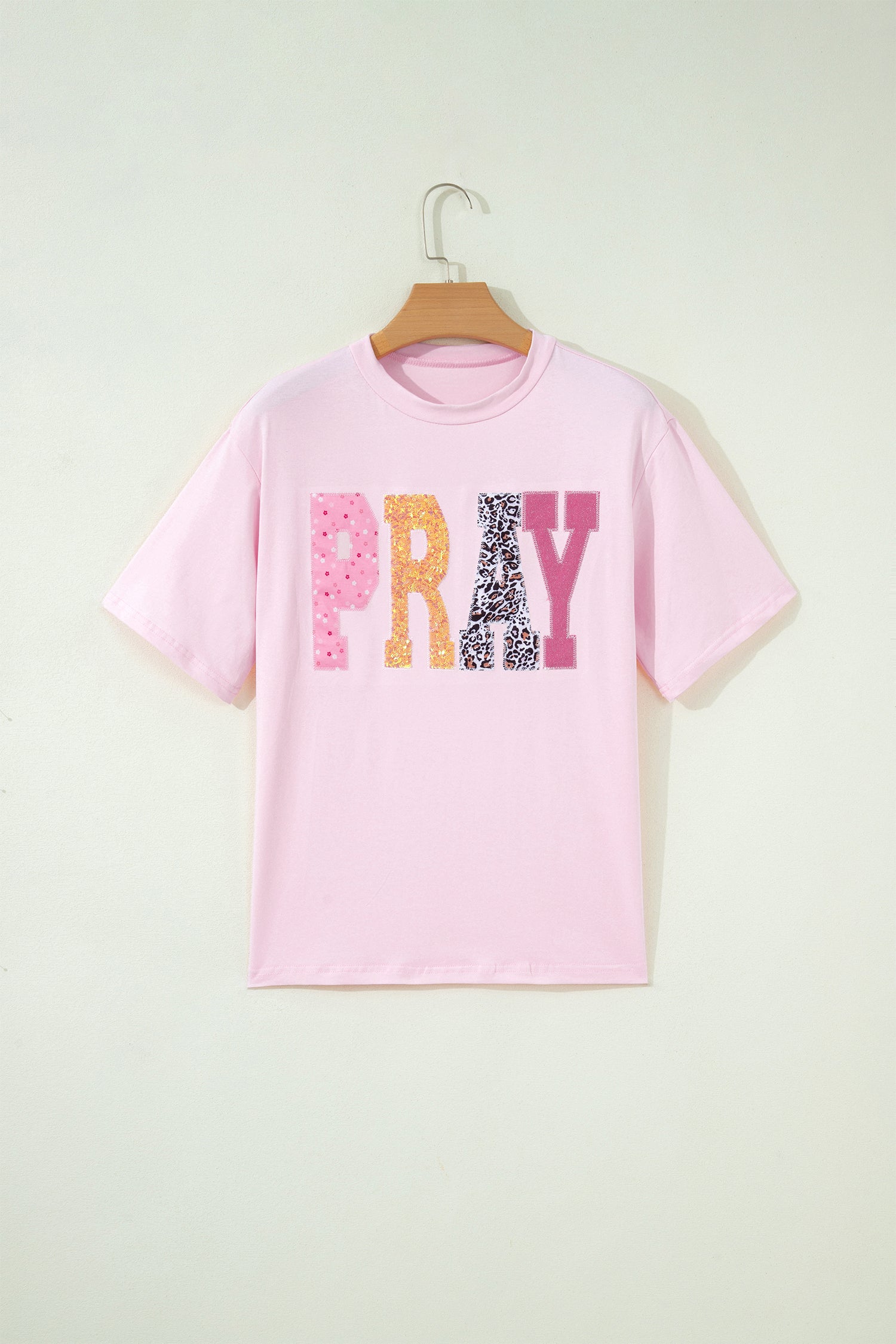 Pink PRAY Sequin Leopard Multiple Patched Graphic Tee - Aaria Tees Aaria Tees