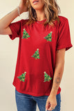 Red Sequined Christmas Tree Graphic Crewneck T Shirt Aaria Tees