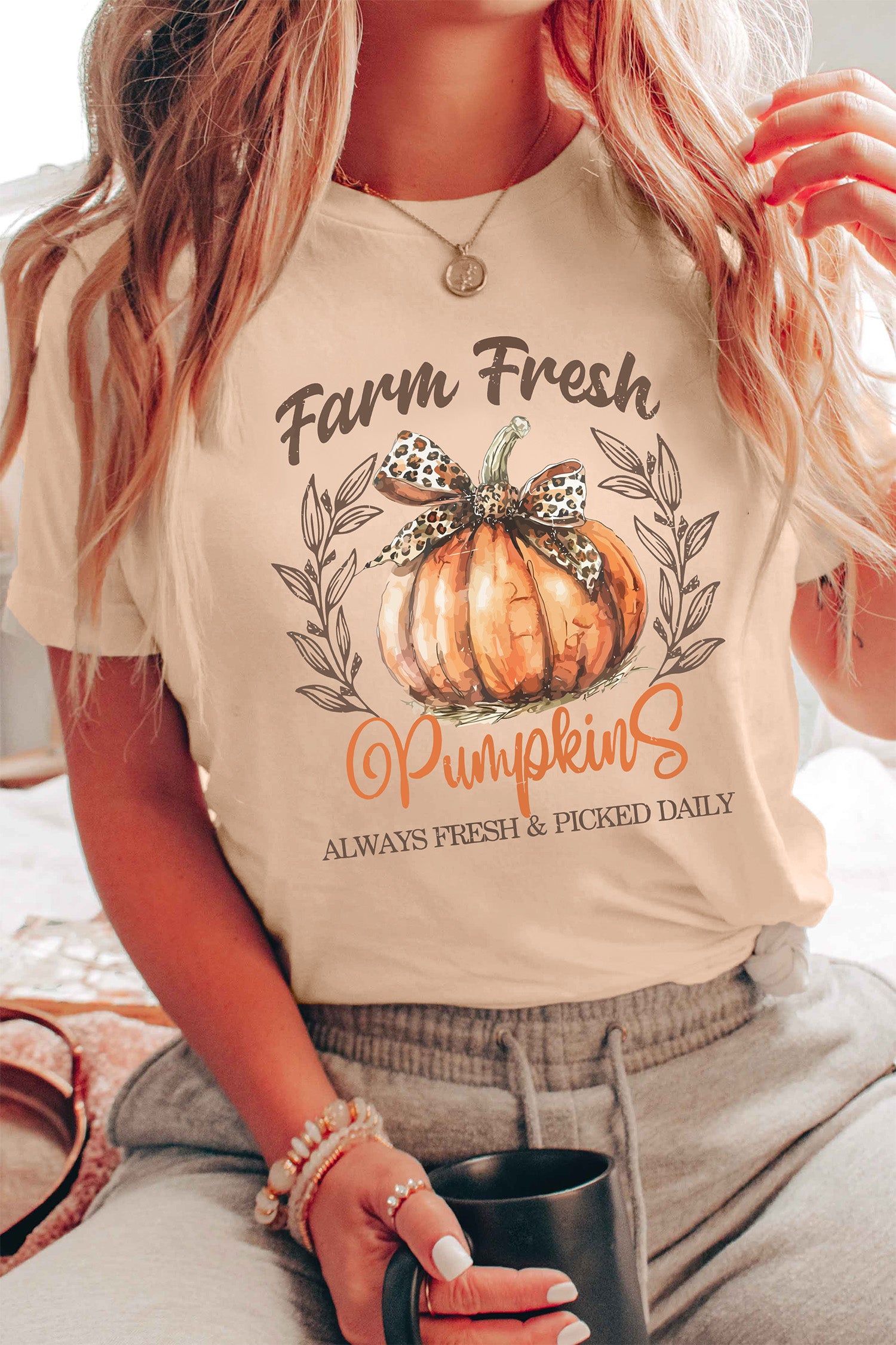 Khaki Farm Fresh Pumpkin Slogan Fall Thanksgiving Graphic Tee - Aaria Tees Aaria Tees