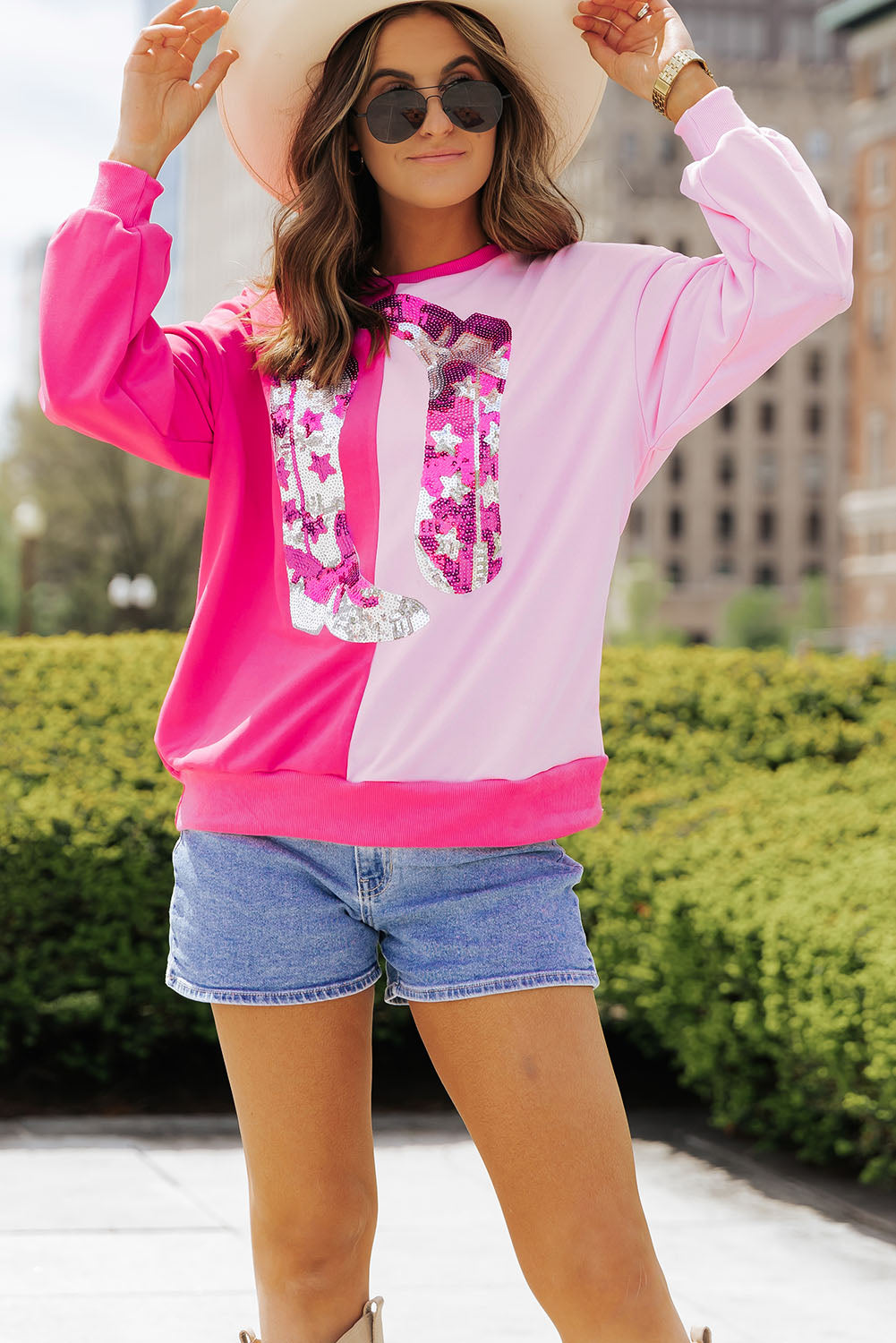 Pink Color Block Sequined Cowgirl Boots Graphic Sweatshirt - Aaria Tees Aaria Tees