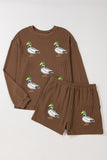 Chestnut Twisted Ribbed Sequin Mallard Graphic Long Sleeve Top and Short Set Aaria Tees