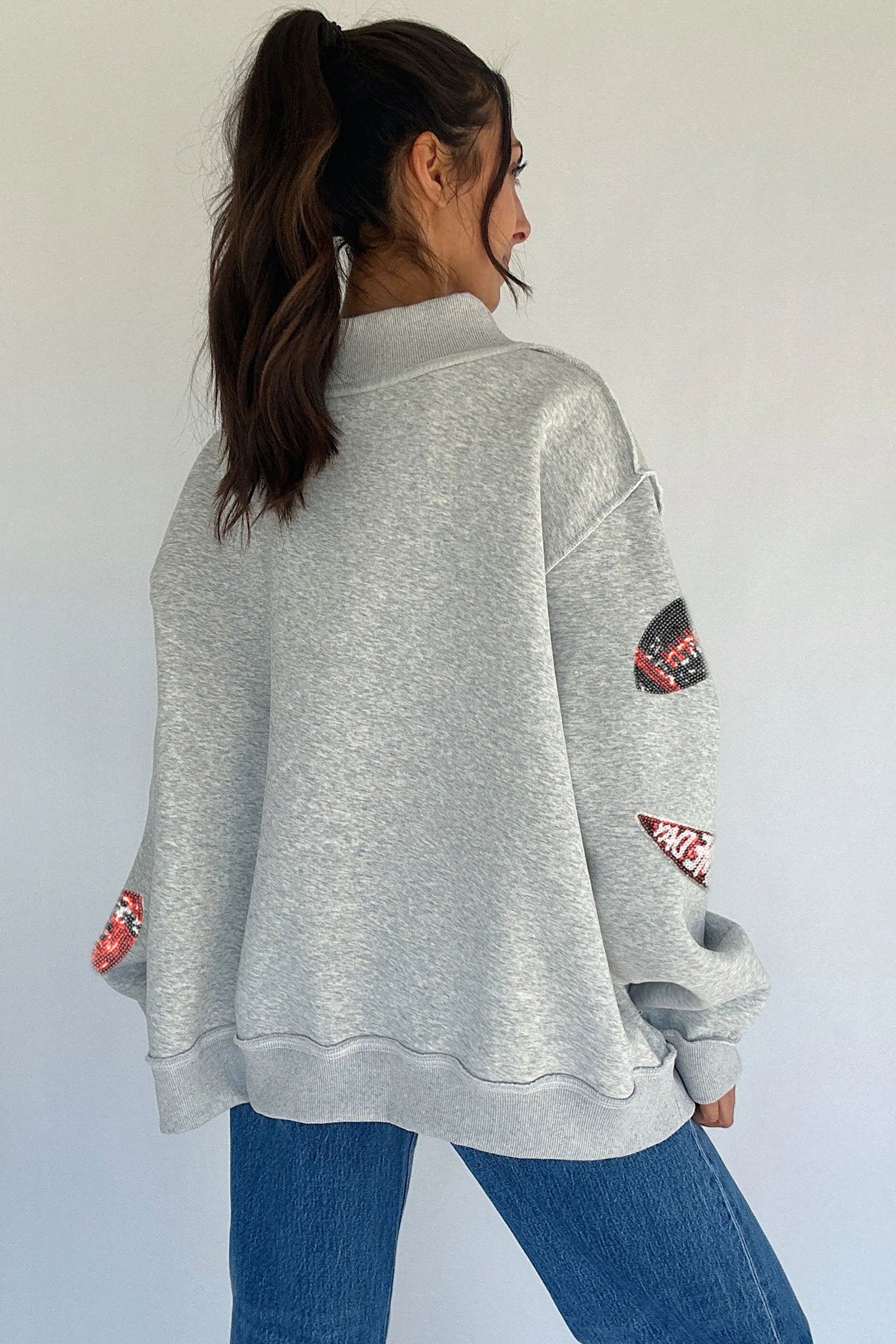 Light Grey Sequin Rugby Game Day High Neck Baggy Sweatshirt - Aaria Tees Aaria Tees