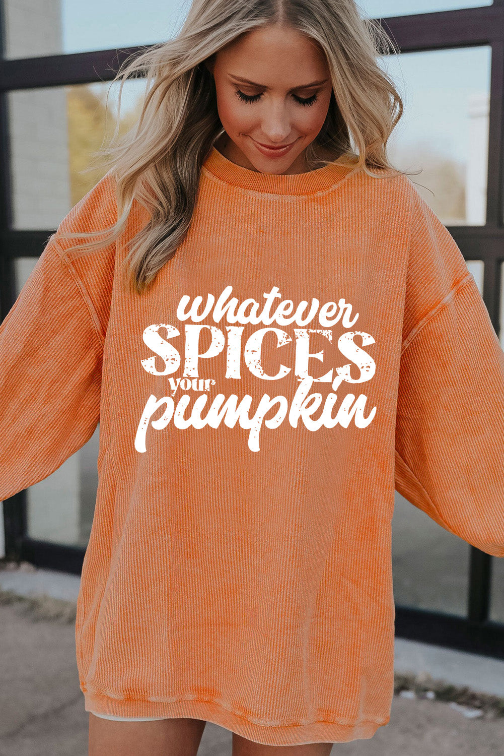 Orange Whatever Spices Your Pumpkin Graphic Corded Pullover Sweatshirt - Aaria Tees Aaria Tees