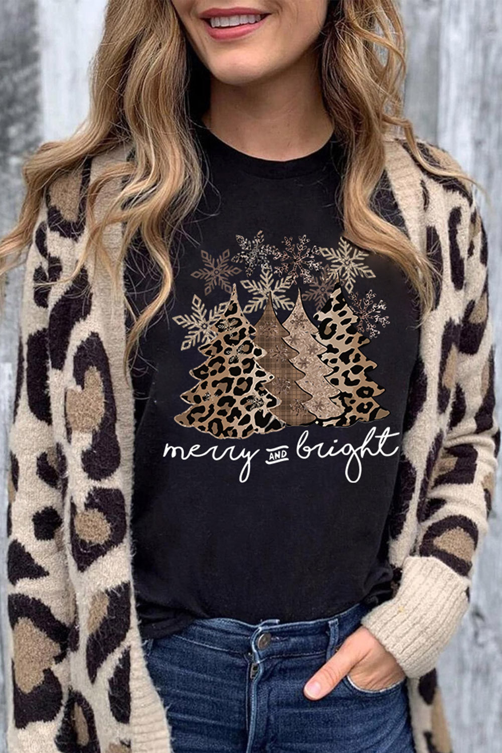 Black Leopard Christmas Tree Graphic Crew Neck T Shirt - Aaria Tees