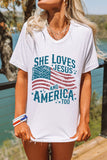 White She Loves Jesus and America Flag Graphic Tee Aaria Tees