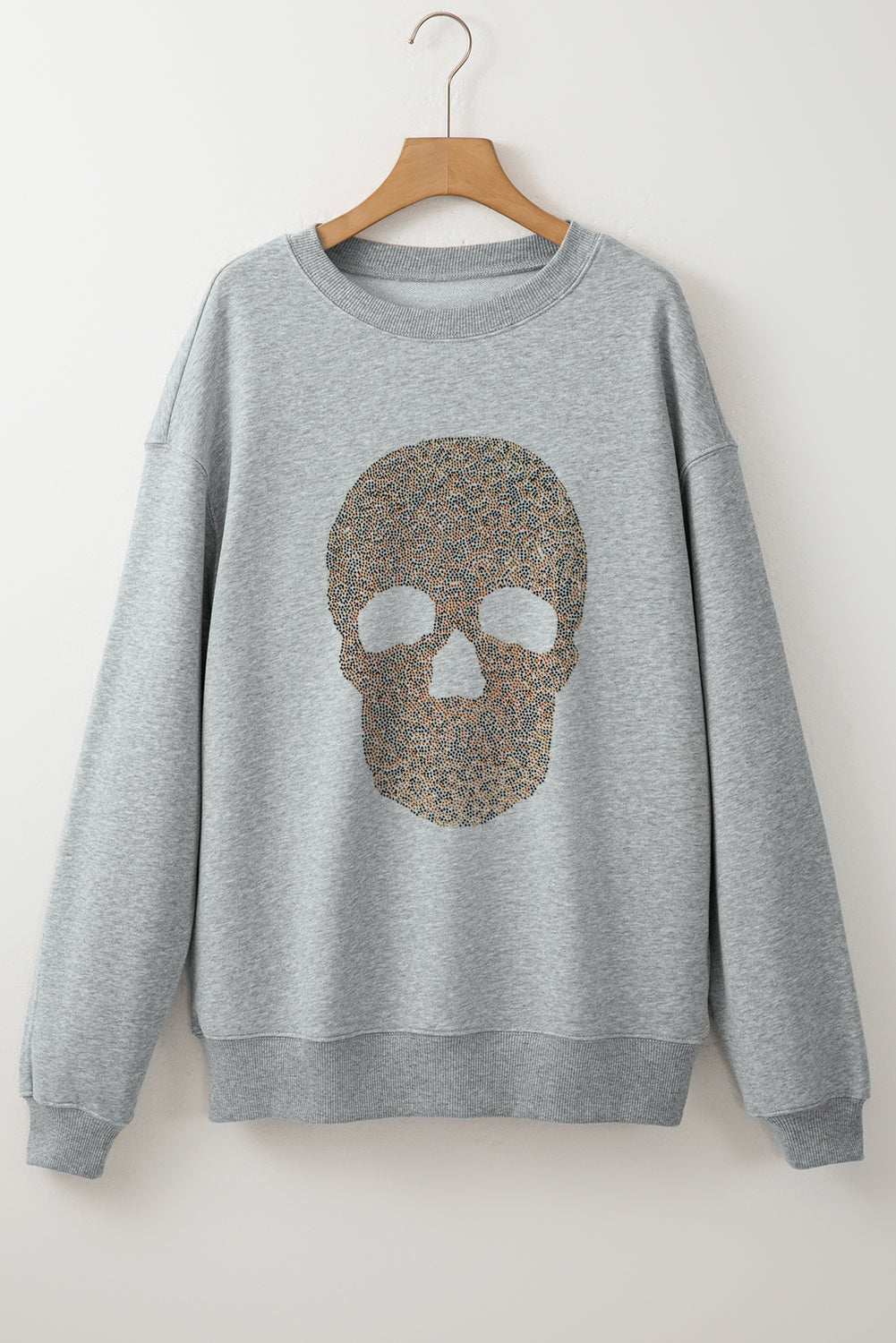 Light Grey Rhinestone Skull Graphic Drop Shoulder Sweatshirt - Aaria Tees Aaria Tees
