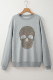 Light Grey Rhinestone Skull Graphic Drop Shoulder Sweatshirt - Aaria Tees Aaria Tees