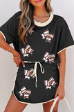 Black Sequin Rugby Football Bow Patched Colorblock Edge Tee and Skort Set Aaria Tees