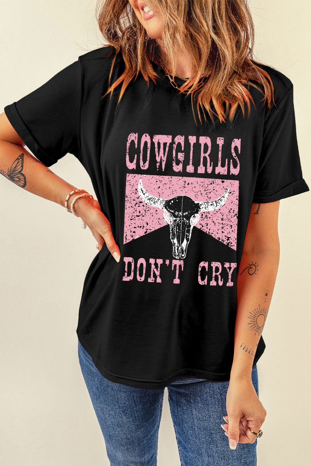 Black COWGIRL DONT CRY Steer Head Print Short Sleeve Top - Aaria Tees Aaria Tees