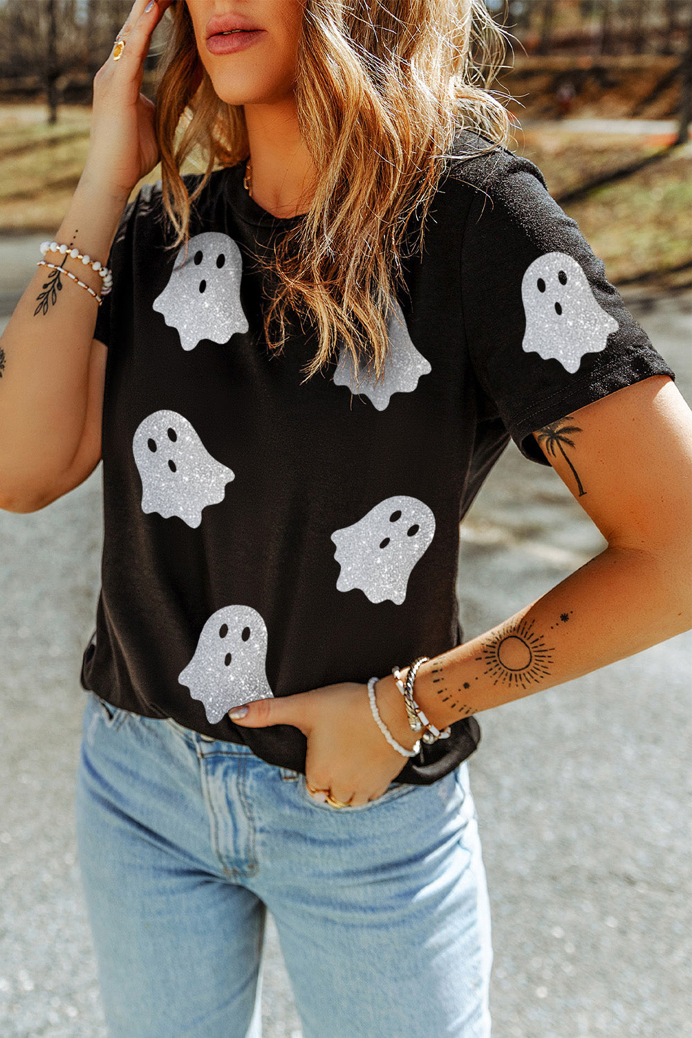 Black Glitter Ghost Pattern Crew Neck Halloween T Shirt - Aaria Tees Aaria Tees