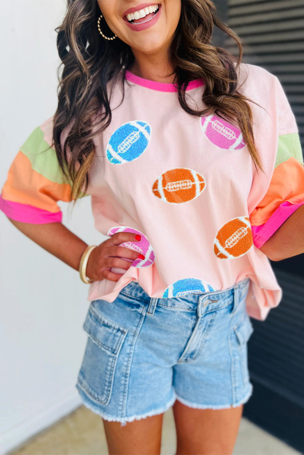 Pink Rugby Chenille Embroidered Color Block Half Sleeve T Shirt - Aaria Tees Aaria Tees