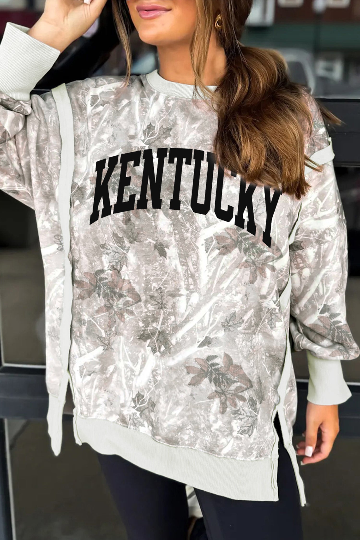 Gray KENTUCKY Raw Seam Detail Leafy Camouflage Baggy Sweatshirt - Aaria Tees Aaria Tees