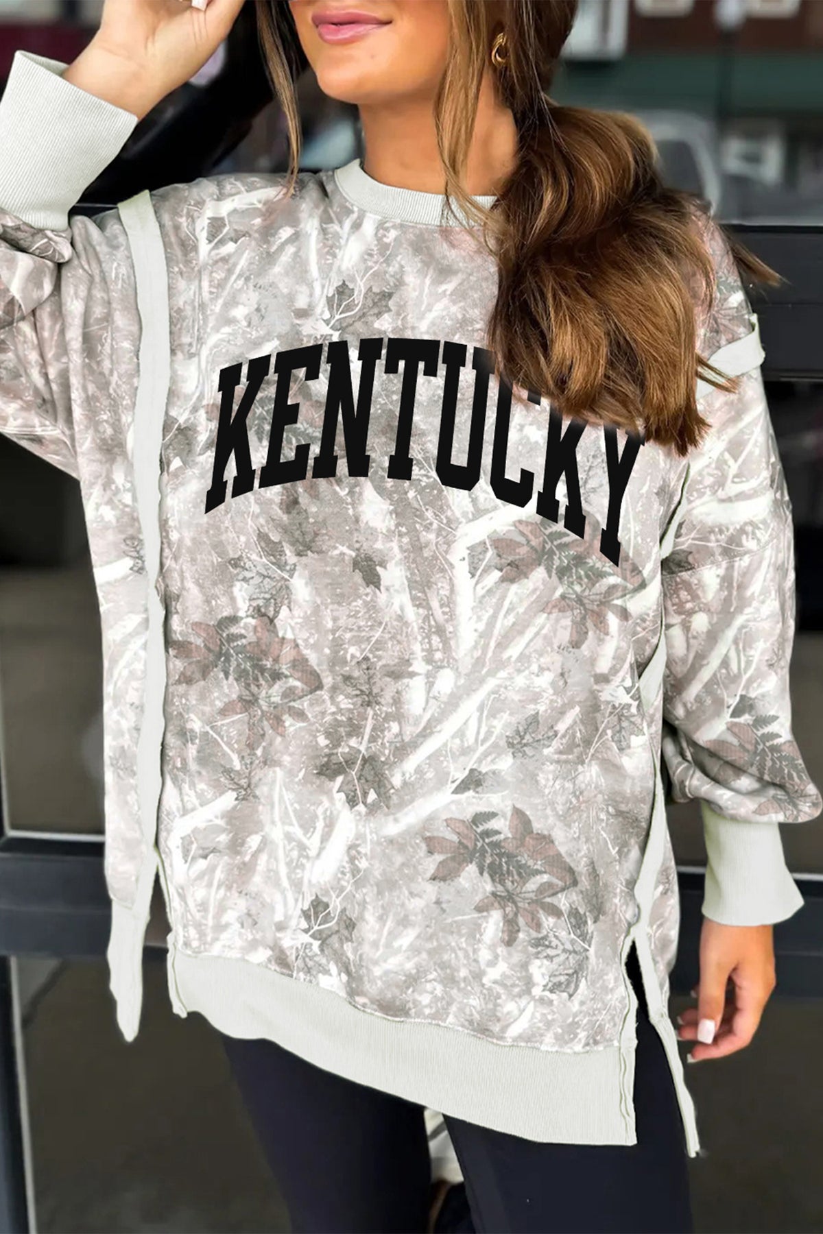 Gray KENTUCKY Raw Seam Detail Leafy Camouflage Baggy Sweatshirt - Aaria Tees