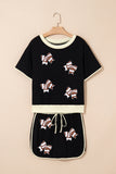 Black Sequin Rugby Football Bow Patched Colorblock Edge Tee and Skort Set Aaria Tees
