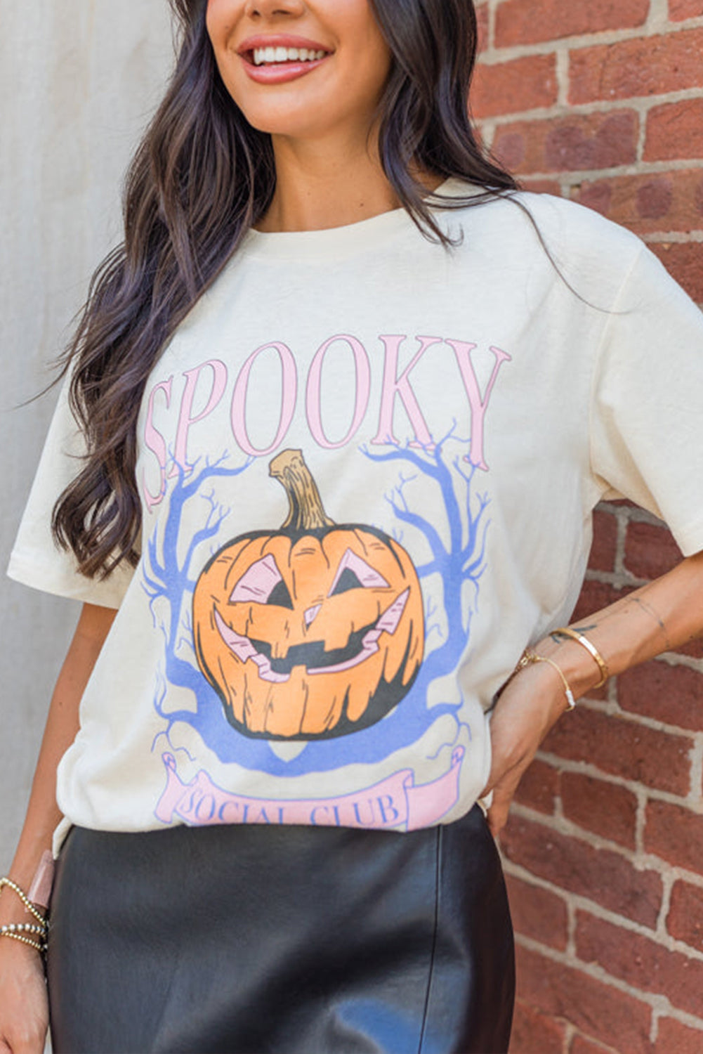 White SPOOKY Pumpkin Print Round Neck Halloween T Shirt - Aaria Tees Aaria Tees