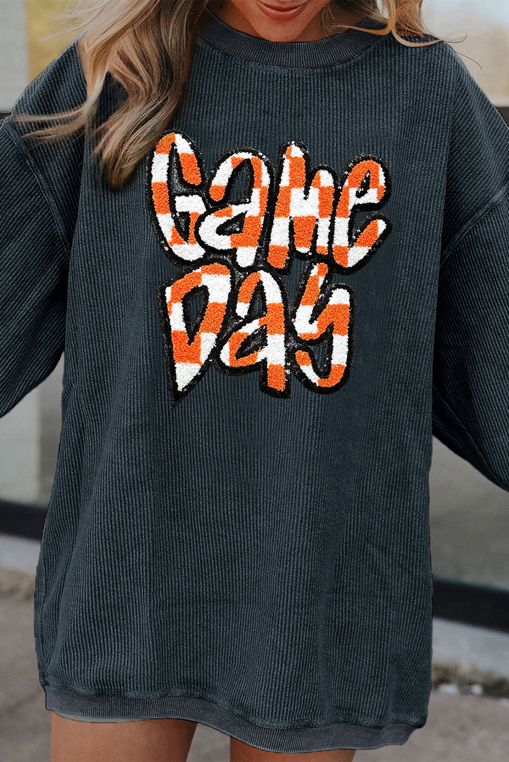 Dark Blue Chenille Checkered Game Day Graphic Drop Shoulder Corded Sweatshirt - Aaria Tees Aaria Tees