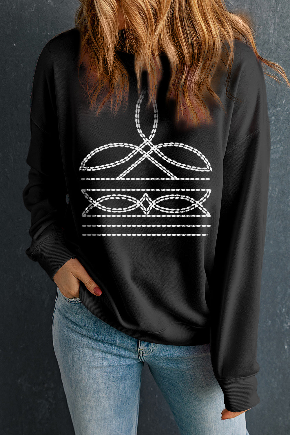 Black Western Pattern Print Round Neck Pullover Sweatshirt - Aaria Tees Aaria Tees