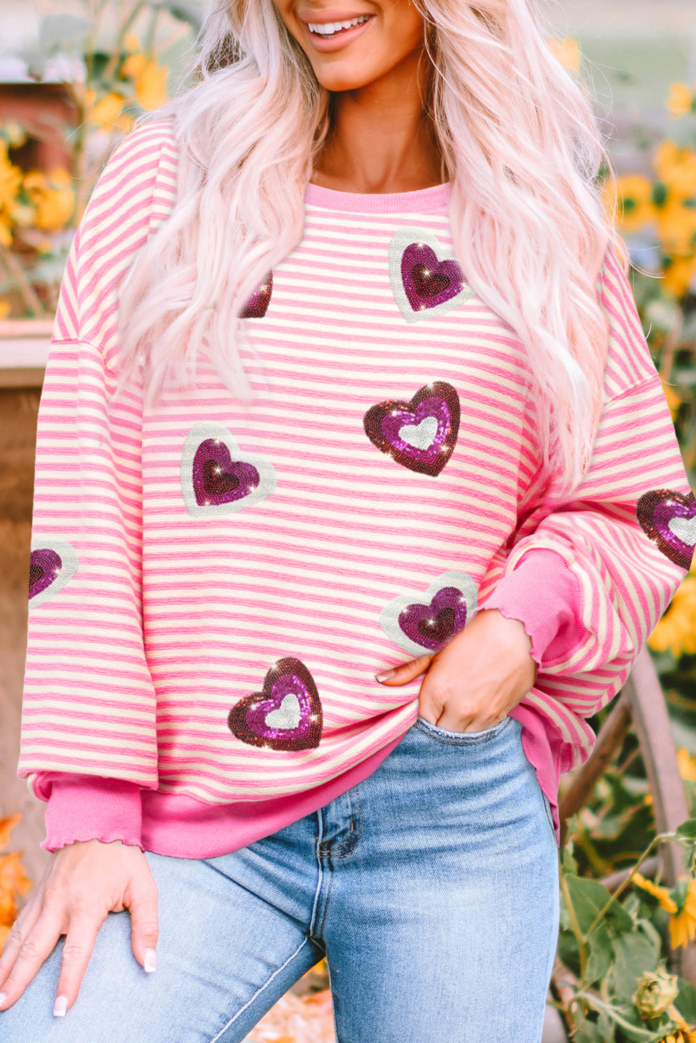Pink Stripe Sequin Heart Patched Pattern Long Sleeve Valentines Top - Aaria Tees Aaria Tees