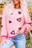 Pink Stripe Sequin Heart Patched Pattern Long Sleeve Valentines Top - Aaria Tees Aaria Tees