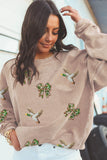 Apricot Twisted Rib Sequin Patched Mallard Bow Pattern Oversized Sweatshirt - Aaria Tees Aaria Tees