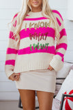 Rose Red I KNOW WAHT I WAT Sequin Letter Graphic Colorblock Loose Sweater Aaria Tees
