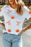 White Sequin Chenille Pumpkin Bow Pattern Casual Short T Shirt - Aaria Tees Aaria Tees