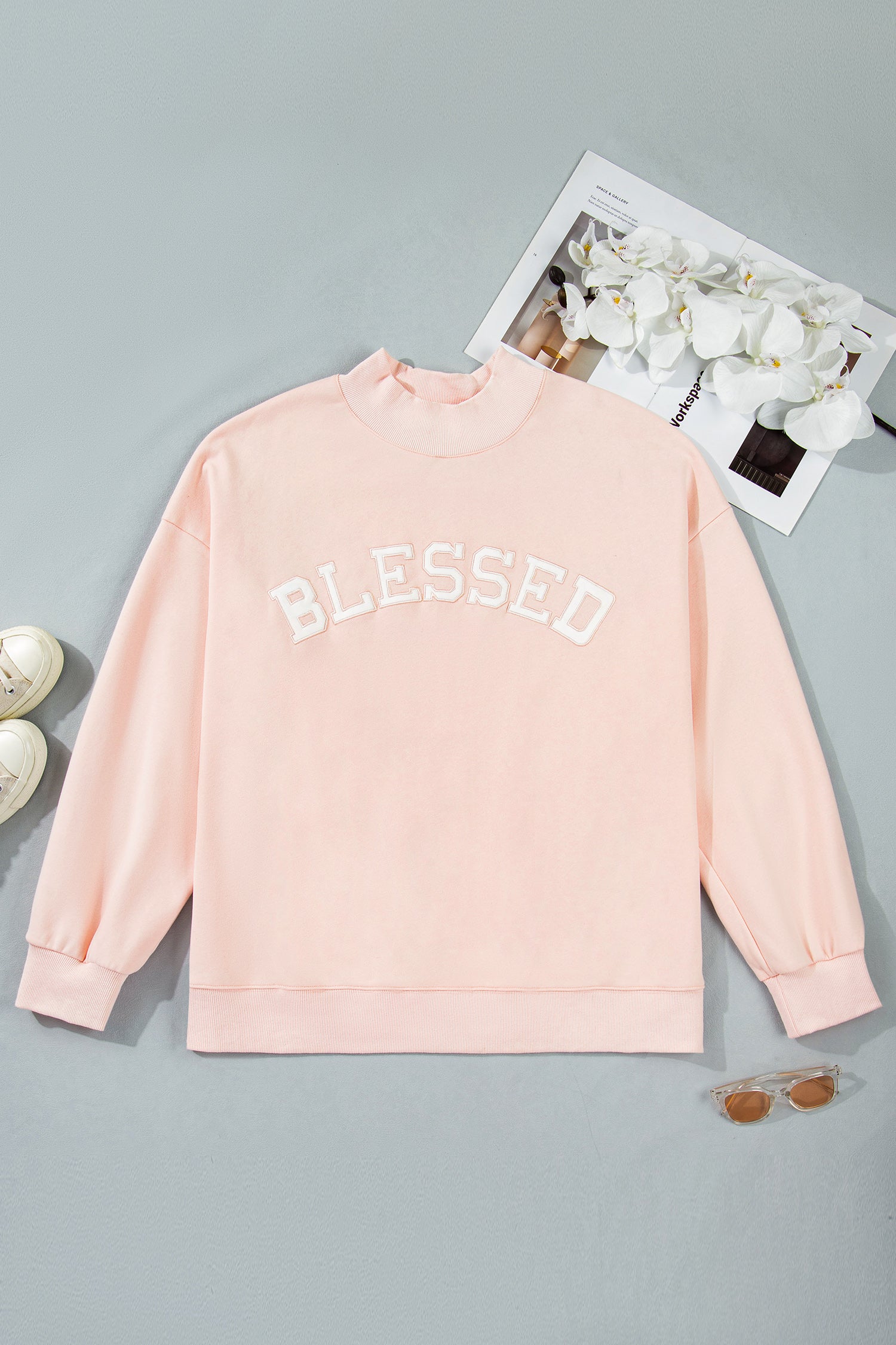 Light Pink BLESSED Embroidered Trim Patch Graphic Plus Size Mock Neck Sweatshirt - Aaria Tees Aaria Tees