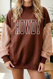 Coffee Contrast Plaid Sleeve HOWDY Embroidered Letter Graphic Mock Neck Sweatshirt Aaria Tees